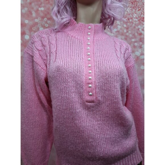 Vintage 80s Sweater Size S Bubblegum Pink Fairy Coquette Faux Pearl Buttons - Picture 2 of 12